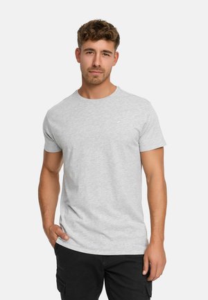 Gray short-sleeve t-shirt made of soft fabric, featuring a round neckline and a small logo on the upper left chest. Simple design, no patterns.