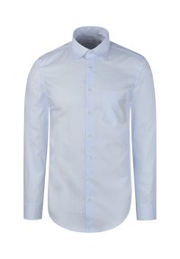Chemise à manches longues bleu clair avec un motif diamant subtil, une poche poitrine unique et un col classique.