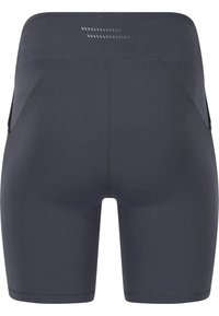 Pantaloni sportivi grigio scuro realizzati in tessuto elasticizzato, con un design aderente, cuciture flatlock e dettagli riflettenti sulla vita.