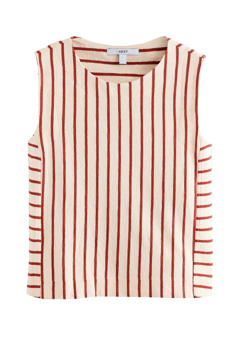 Sleeveless top in cream with red vertical stripes. Features a round neckline and a textured fabric. Straight hem and side seams visible.