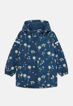 Kinderregenmantel mit Kapuze in Marineblau, mit Reißverschluss, elastischen Bündchen, Blumen- und Insektenmuster sowie reflektierenden Streifen an den Ärmeln.