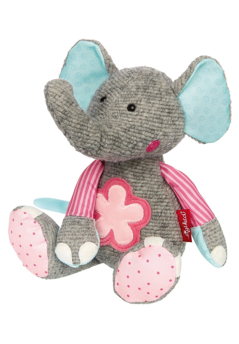 Gray plush elephant toy with blue detailed ears, pink accents, patterned body, flower motif on chest, and striped arms. Soft textile material.