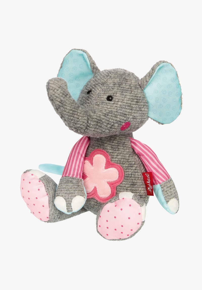 Gray plush elephant toy with blue detailed ears, pink accents, patterned body, flower motif on chest, and striped arms. Soft textile material.