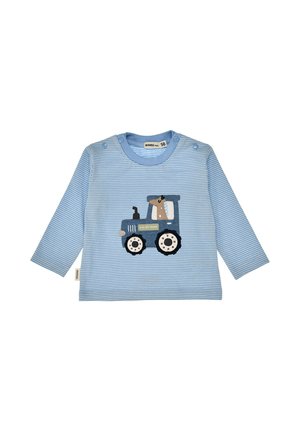 Blue and white striped long-sleeve baby shirt with snap buttons on shoulders and a blue tractor applique on the front.