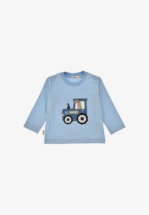 Blau-weiß gestreiftes Babyshirt mit langen Ärmeln, Druckknöpfen an den Schultern und einer blauen Traktor-Applikation auf der Vorderseite.