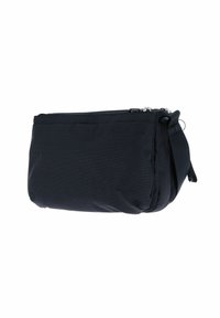 Sacchetto di stoffa nera con chiusura a zip, caratterizzato da un motivo testurizzato, forma arrotondata e una tracolla per un facile trasporto.