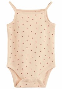 Hellrosa geripptes Bodysuit mit dünnen Trägern, das mit einem verstreuten Blumenmuster in dunkleren Rosatönen und Druckknöpfen im unteren Bereich versehen ist.