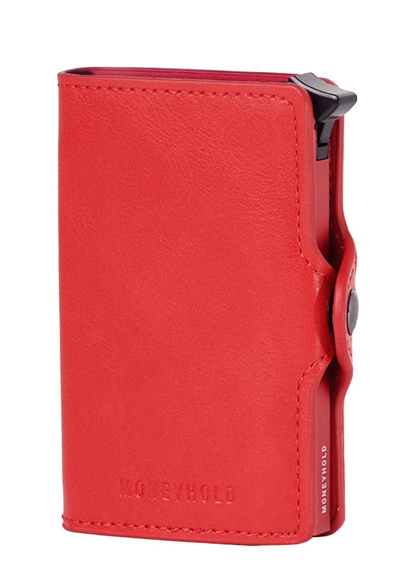 Red leather wallet with a smooth texture, featuring a black hardware clasp, embossed logo, and contrasting interior lining. Compact design.