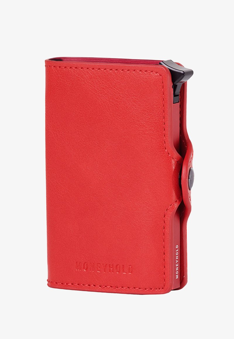 Red leather wallet with a smooth texture, featuring a black hardware clasp, embossed logo, and contrasting interior lining. Compact design.