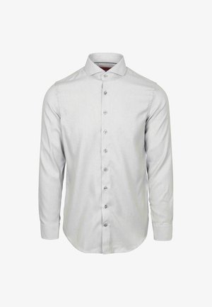 Lichtgrijze overhemd met lange mouwen en knopen, voorzien van een gestructureerd patroon, een puntige kraag en zilveren knopen. Het heeft een gebogen zoom en aansluitende mouwen.