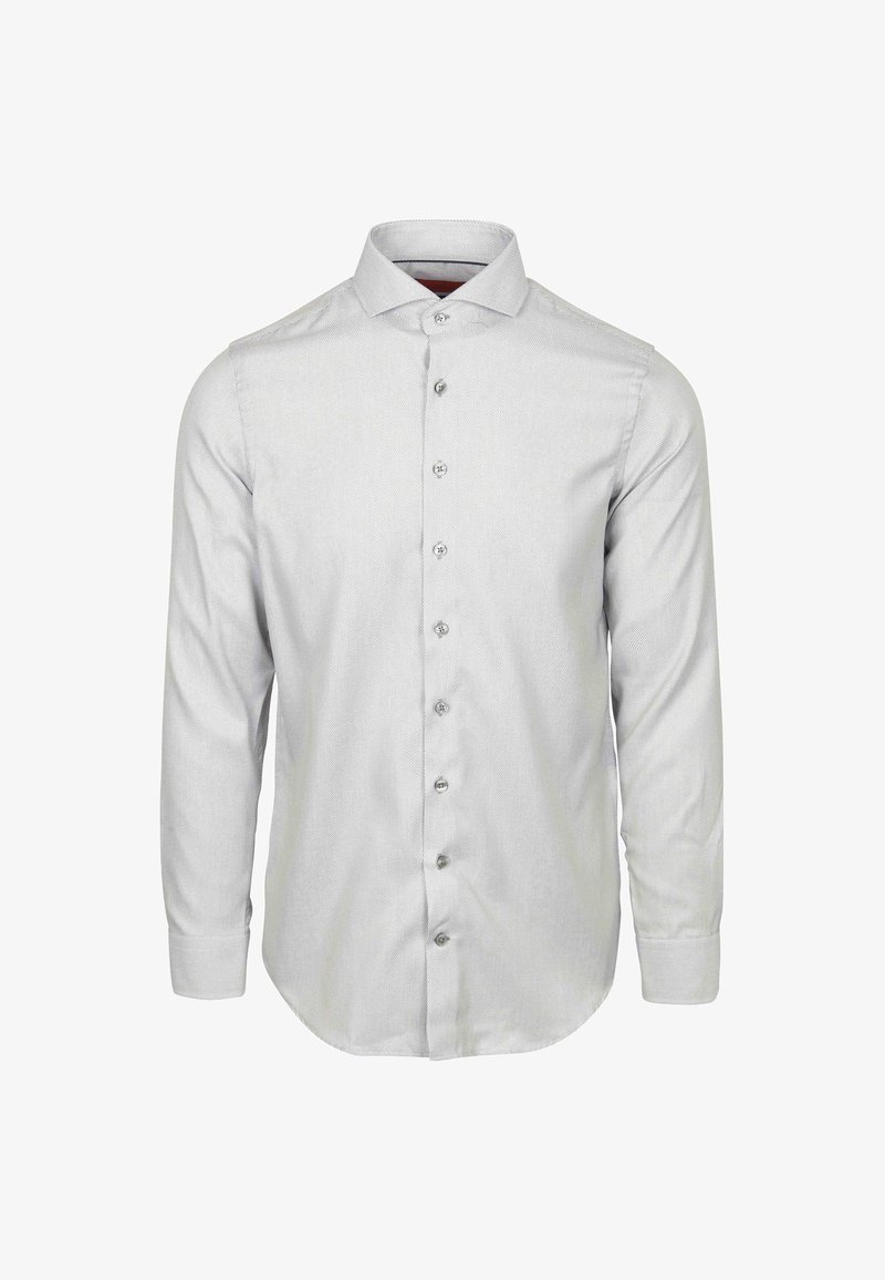 Lichtgrijze overhemd met lange mouwen en knopen, voorzien van een gestructureerd patroon, een puntige kraag en zilveren knopen. Het heeft een gebogen zoom en aansluitende mouwen.