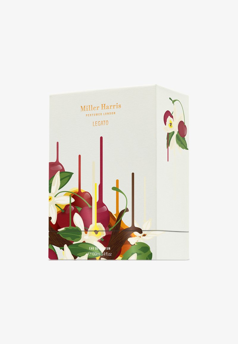 Boîte de parfum Miller Harris Legato, crème avec des illustrations florales et fruitées colorées, finition brillante, taille 100 ml, typographie élégante sur le dessus.