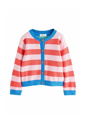 Kinderstrickjacke mit breiten horizontalen rosa und roten Streifen, blauer Kante am Kragen, an der Knopfleiste, den Bündchen und dem Saum sowie Holzknöpfen auf der Vorderseite.