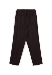 Schwarze Baumwollmischungshosen mit elastischem Bund, geradem Bein-Design, zwei Gesäßtaschen und Fransen am Saum.
