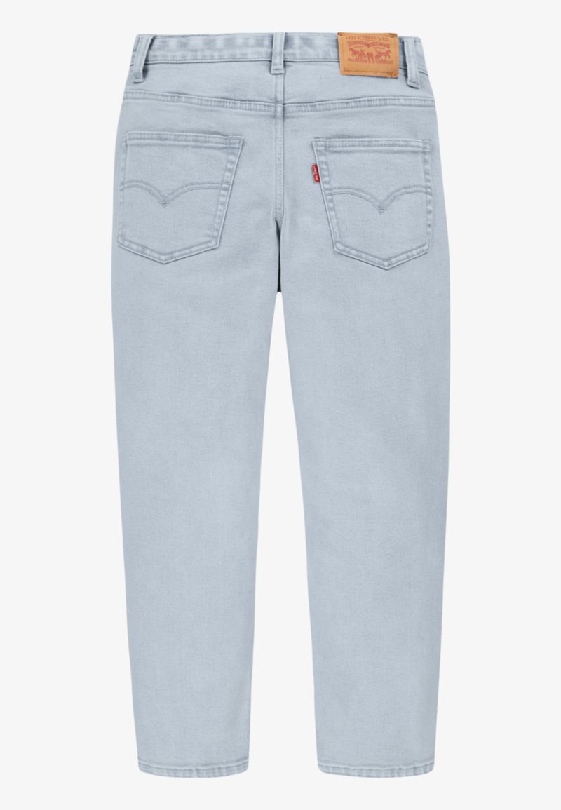 Lichtblauwe denim jeans met een rechte pasvorm, voorzien van een etiket op de tailleband, twee achterzakken met stiksels en een schone zoom.