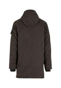 Dunkelbraune, kapuzenjacke mit langen Ärmeln, elastischen Bündchen und einer seitlichen Tasche. Glattes Material mit einem lässigen, lockeren Schnitt.