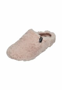 Chausson en peluche rose avec une texture douce et moelleuse, design à l'arrière ouvert et un minimum de détails. Présente une étiquette de marque discrète sur le côté intérieur.