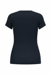 Een kort-gebouwde, marineblauwe T-shirt met een gestructureerde stof, een getailleerde pasvorm en een ronde halslijn, gezien vanachter.