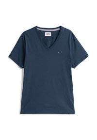 Navy blue cotton t-shirt with a v-neck and short sleeves. Features a small logo on the left chest and a striped inner neck detail.