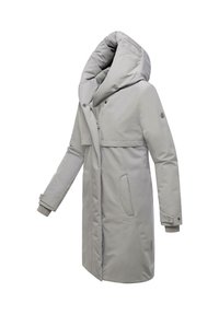 Grå isoleret parka med stor hætte, lynlåslukning, sidelommer, ribkantede manchetter og en glat, vandafvisende stofoverflade.