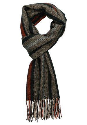 Woven scarf w koniczynowy wzór w odcieniach brązu, czerni i czerwieni, z frędzlami na brzegach dla dodatkowej tekstury.
