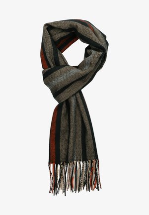 Woven scarf w koniczynowy wzór w odcieniach brązu, czerni i czerwieni, z frędzlami na brzegach dla dodatkowej tekstury.