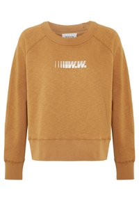 Bomullströja i senapsgul, med ribbade ärmslut och nederkant. Framsidan visar vit grafisk text "W.W." i ett modernt typsnitt.