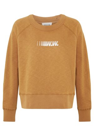 Kasmir sweatshirt värvitud sinepikollaseks, millel on soonikkoes mansetid ja äär. Ees on valge graafiline tekst "W.W." modernses fondis.
