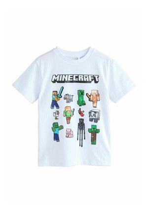 Biela tričko s krátkym rukávom so znázornenými postavami z Minecraftu v pixelovaných vzoroch. Grafika na prednej strane obsahuje rôzne postavy a zvieratá.