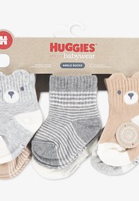 Τρία ζευγάρια κάλτσες αστραγάλου από οργανικό βαμβάκι. Τα χρώματα περιλαμβάνουν ανοιχτό γκρι, σκούρο γκρι με ρίγες και μπεζ με διακοσμητικά αρκουδάκια. Μαλακές και ελαστικές.