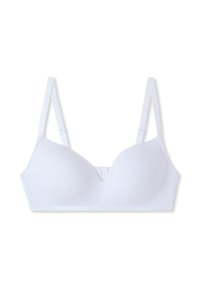 Reggiseno bianco con tessuto morbido, coppe leggermente imbottite, spalline regolabili e chiusura frontale. Design semplice senza motivi o accenti.
