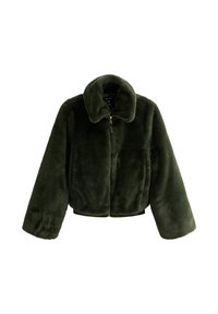 Ciemnozielona pluszowa kurtka z futerkiem sztucznym, z długimi rękawami i zapięciem na zamek z przodu, posiadająca szeroki kołnierz.