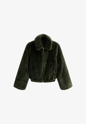 Donkergroene pluche kunstbonten jas met lange mouwen en een ritssluiting aan de voorkant, met een brede kraag.