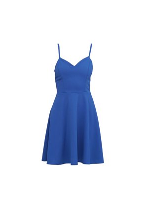 Robe sans manches bleu avec un corsage ajusté et une jupe évasée, présentant un décolleté en cœur et une texture de tissu lisse.