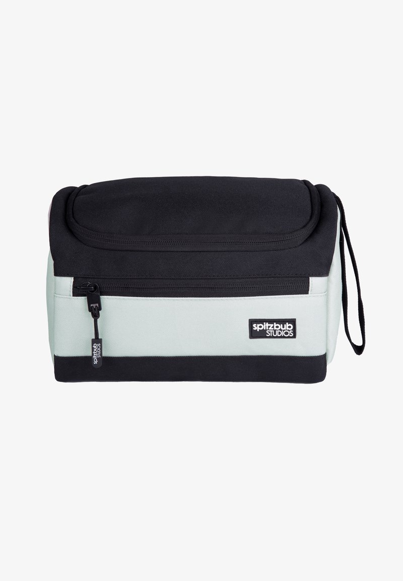 Zwarte en mintgroene rechthoekige tas met een ritssluiting, stoffen textuur en een handvat aan de zijkant. Bevat een logo aan de voorkant.