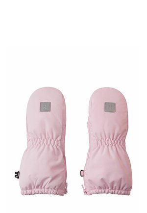 Pink mittens with a smooth, water-resistant exterior. Features elastic cuffs, a square logo patch, and a rounded shape for warmth.