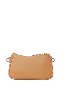 Tasche aus braunem Leder über die Schulter mit einer dezenten Textur, Reißverschluss, und goldfarbener Hardware, mit einem geschwungenen Design und abnehmbarem Riemen.