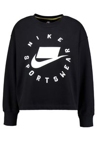 Black sweatshirt, oversized fit, made of cotton blend. Features a prominent white Nike logo and "sportswear" text in circular design.