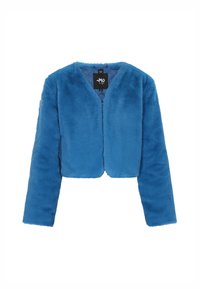 Giacca blu in pelliccia sintetica tagliata, con maniche lunghe, colletto rotondo e chiusura con zip frontale. Texture morbida e senza motivi o accentuazioni visibili.