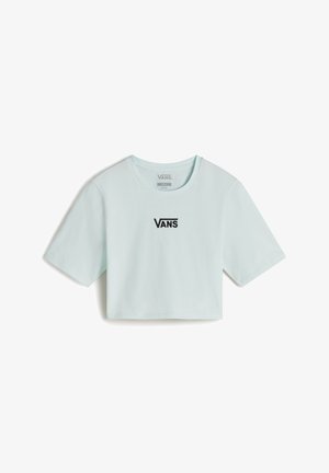 Graues, gekürztes T-Shirt aus Baumwolle in Minzgrün mit rundem Halsausschnitt und kurzen Ärmeln. Auf der Vorderseite befindet sich das schwarze "VANS"-Logo.