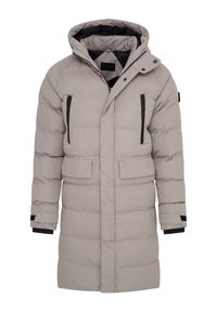 Hellgrauer Steppmantel mit Kapuze, Reißverschluss vorne, zwei Brusttaschen und schwarzen Akzenten an Reißverschlüssen und Bündchen. Isoliertes Design mit mittlerer Länge.