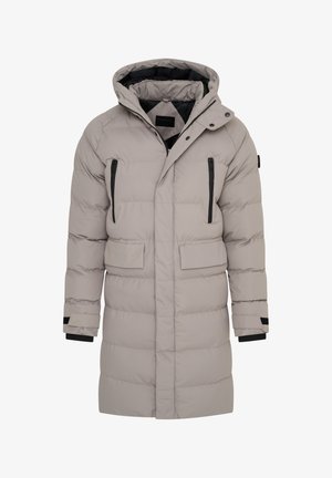 Light gray puffer coat with a hood, zippered front, two chest pockets, and black accents on zippers and cuffs. Insulated design with a mid-length.