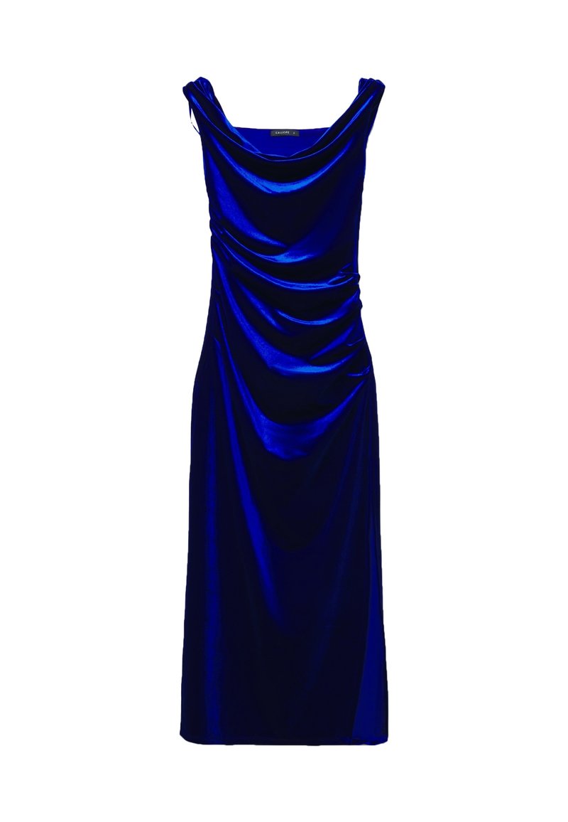Ärmelloses samtiges Kleid in königsblau mit asymmetrischem Ausschnitt und Raffung, knielang, figurbetonte Silhouette.
