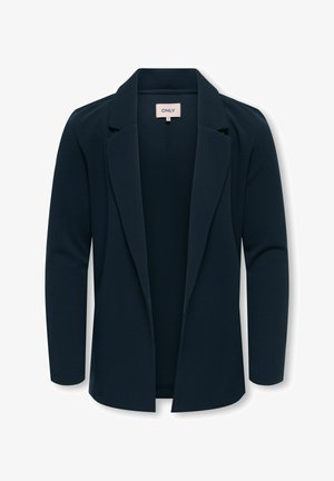 Marinblå kavaj med minimalistisk design, tillverkad i ett strukturerat tyg. Har en kavajslag med hack och öppen framkant, samt långärmad.