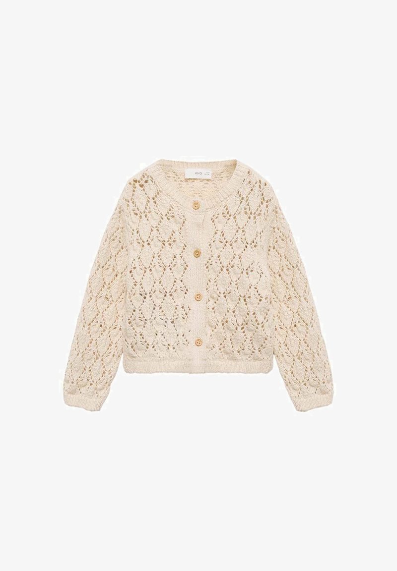 Cardigan all'uncinetto in beige con motivo a diamante, dotato di scollatura rotonda e tre bottoni in legno sulla parte anteriore.