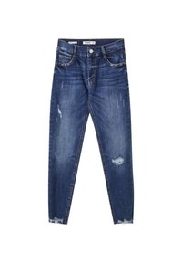 Jean skinny bleu avec détails usés sur les cuisses et les ourlets, design à cinq poches, et taille avec fermeture à bouton.