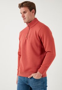 Suéter tipo pullover en material de forro coral, con un alto collar y cremallera de cuarto. Tiene mangas largas y puños acanalados.