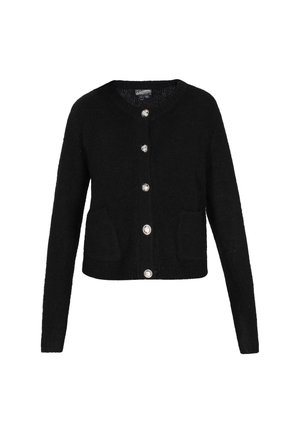 Cardigan nero lavorato a maglia con maniche lunghe, scollatura rotonda, cinque bottoni decorativi argentati e due tasche frontali.