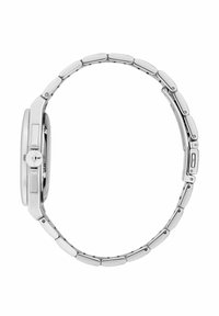 Orologio in acciaio inossidabile argentato con cassa rettangolare, bracciale integrato e cinturino in acciaio inossidabile texturizzato. Presenta una corona sul lato.