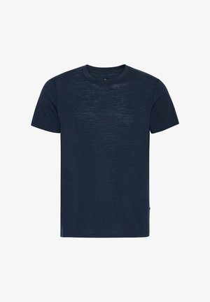 Camiseta de manga corta azul marino de textura suave, con escote redondo y un sutil patrón jaspeado. Marca mínima en la costura lateral.